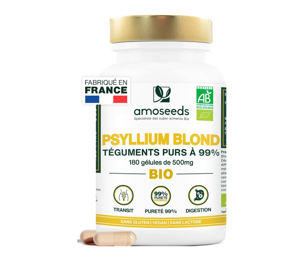 Psyllium Blond Bio – Téguments purs 99 % – 3000 mg/jour – 180 gélules de 500 mg