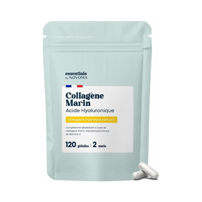 Collagene Marin + Acide Hyaluronique & Vitamine C – 120 Gélules pour 2 Mois – Collagène Hydrolysé Naticol® de Type 1 – Fabriqué en France – Essentials by Novoma