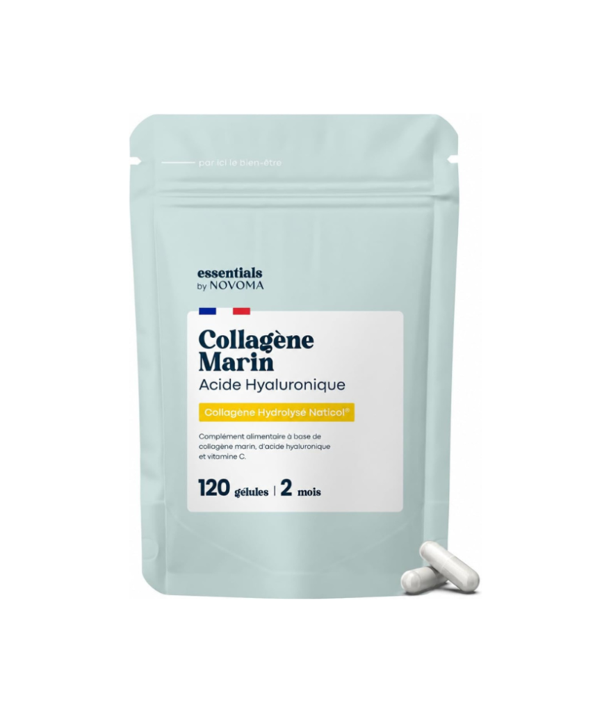 Collagene Marin + Acide Hyaluronique & Vitamine C – 120 Gélules pour 2 Mois – Collagène Hydrolysé Naticol® de Type 1 – Fabriqué en France – Essentials by Novoma