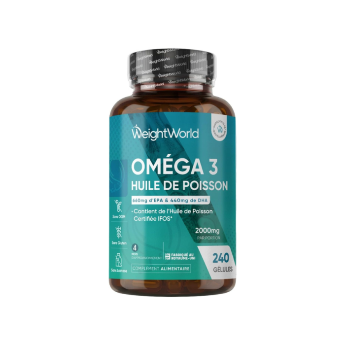 Oméga 3 Huile de Poisson Gélules 2000mg, 240 Gélules Fish Oil Omega 3 | avec EPA 660mg & DHA 440mg, Fish Oil Omega 3 sans Odeur