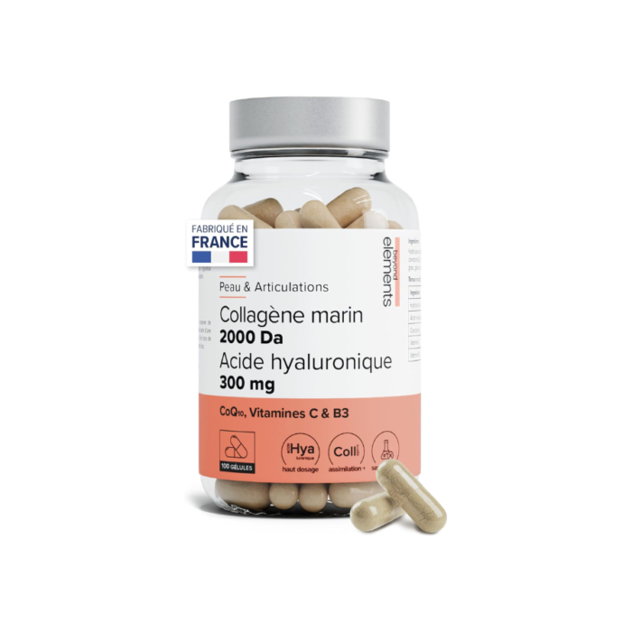 Collagène marin 2000Da + Acide hyaluronique 300mg, haute absorption, types I&III, peau hydratée, Coenzyme Q10, Vitamine C et B3, pêche responsable -100 gélules – Beyond Elements