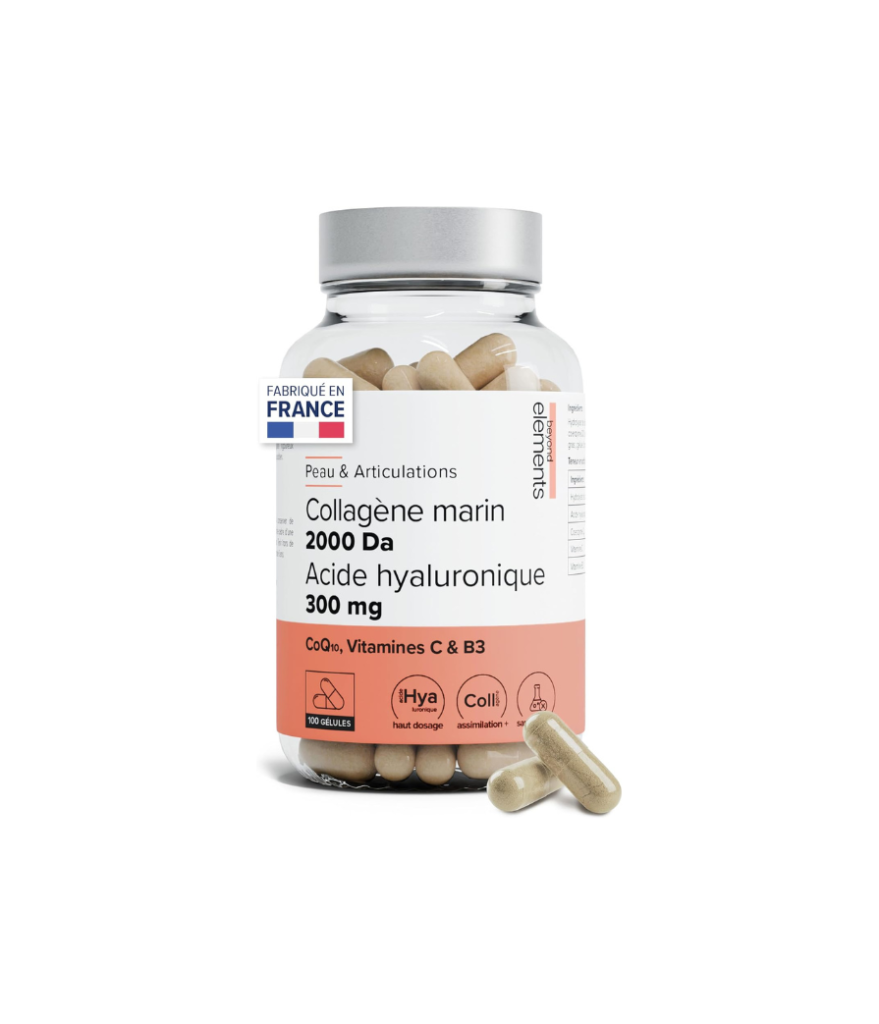 Collagène marin 2000Da + Acide hyaluronique 300mg, haute absorption, types I&III, peau hydratée, Coenzyme Q10, Vitamine C et B3, pêche responsable -100 gélules – Beyond Elements