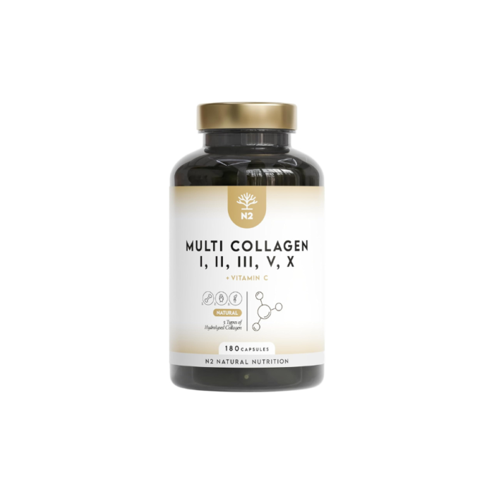 Multi Collagène Marin et Bovin 1650mg. 180 Gélules. Peptide de Collagene Hydrolysé Type 1, 2, 3, 5, 10. Complexe Collagene pour la Peau, Articulations et Cheveux + Vitamine C. N2 Natural Nutrition