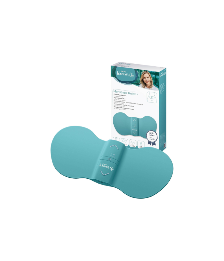 Beurer EM 55 Menstrual Relax+, contre les douleurs menstruelles et les douleurs dues à l’endométriose, fonction TENS et chaleur, avec batterie rechargeable, surface de chaleur plus grande, turquoise