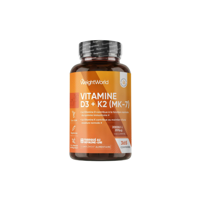 Vitamine D3 K2 MK7, 365 Micro-Comprimés Végétariens, Vit D3 2000UI & K2 MK7 | Complexe Vitamine D3 K2 MK7 Cholecalciferol et 200μg Ménaquinone, sans stéarate de magnésium, multivitamines pour 1 an