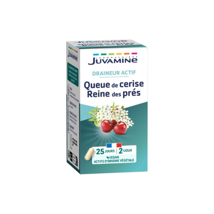 JUVAMINE – Draineur Actif – Queue de Cerise et Reine des Prés – Favorise l’Elimination Rénale de l’Eau – 50 gélules d’origine végétale – Programme de 25 Jours – Fabriqué en France