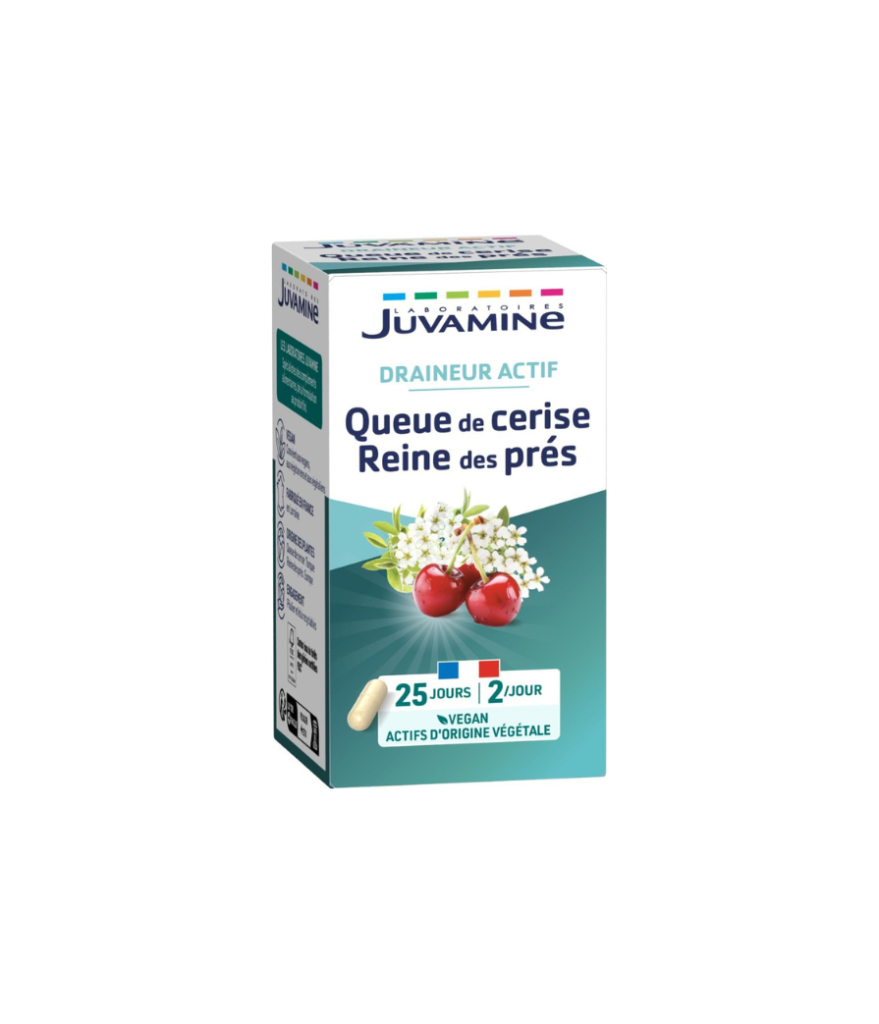 JUVAMINE – Draineur Actif – Queue de Cerise et Reine des Prés – Favorise l’Elimination Rénale de l’Eau – 50 gélules d’origine végétale – Programme de 25 Jours – Fabriqué en France