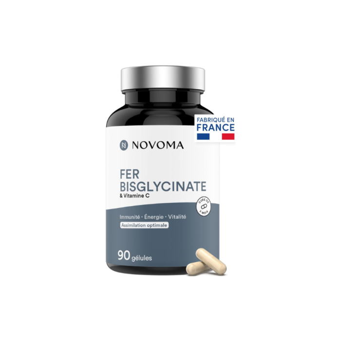 NOVOMA Fer Bisglycinate 14 mg + Vitamine C, Haute Absorption, Immunité & Anti-fatigue, Cure de 3 mois, Complément Alimentaire breveté Ferrochel®, 90 Gélules Vegan, Fabriqué en France