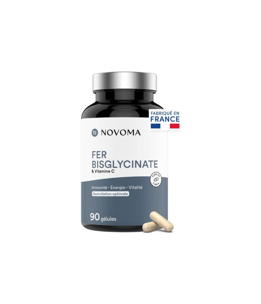 NOVOMA Fer Bisglycinate 14 mg + Vitamine C, Haute Absorption, Immunité & Anti-fatigue, Cure de 3 mois, Complément Alimentaire breveté Ferrochel®, 90 Gélules Vegan, Fabriqué en France