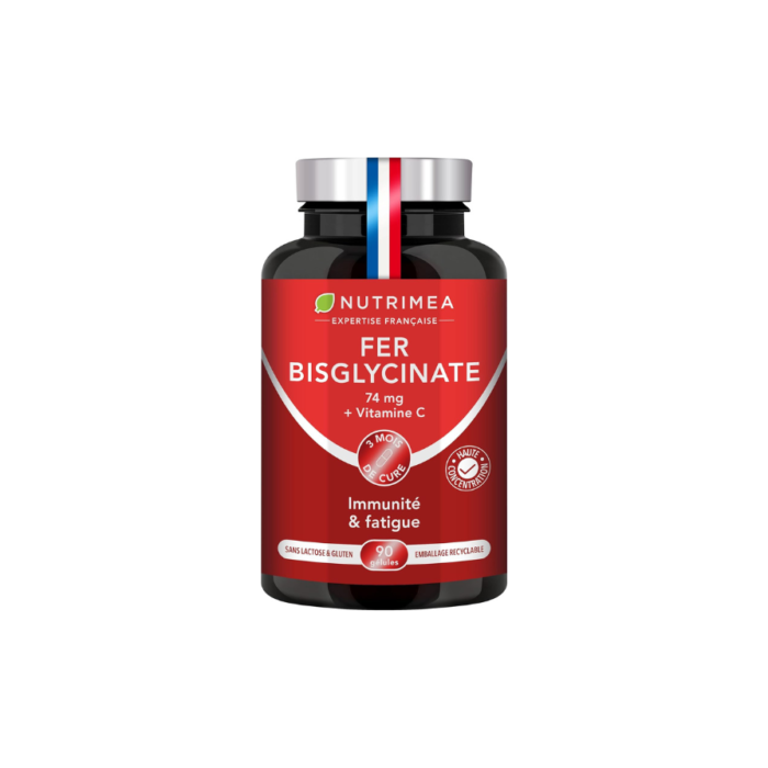 Fer Bisglycinate | Avec Vitamine C | 14 mg de Fer | Breveté Ferrochel® | 100% des Besoins Journaliers | Absorption & Biodisponibilité Maximales | Nutrimea | 90 Gélules Vegan | Fabriqué en France