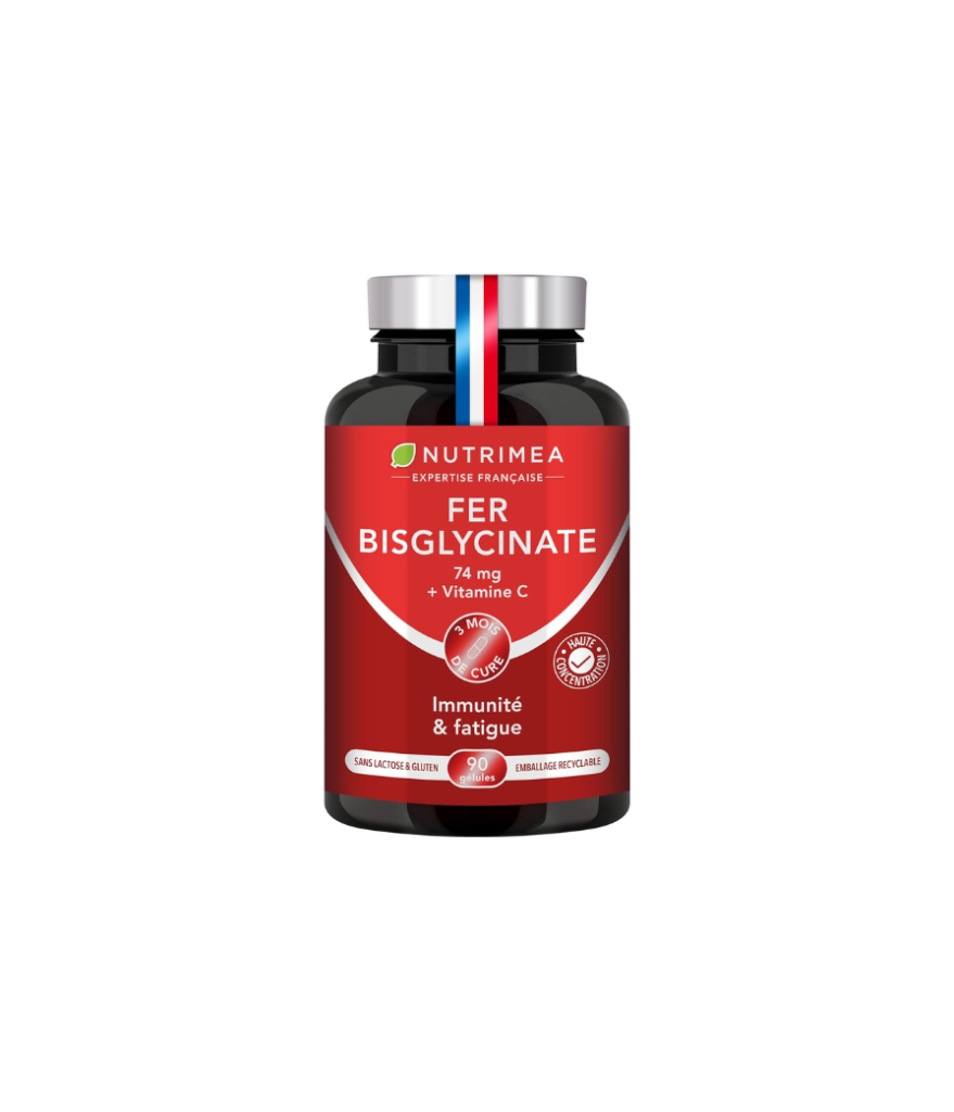 Fer Bisglycinate | Avec Vitamine C | 14 mg de Fer | Breveté Ferrochel® | 100% des Besoins Journaliers | Absorption & Biodisponibilité Maximales | Nutrimea | 90 Gélules Vegan | Fabriqué en France