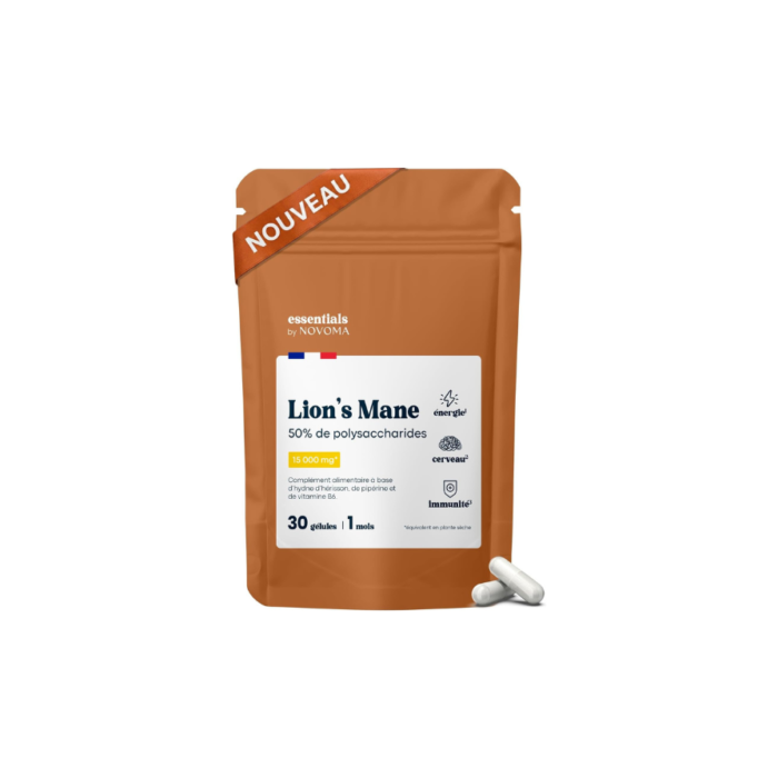 Lions Mane 15 000 mg – Soutien Cérébral & Immunité – 30 Gélules pour 1 Mois – Extrait 30:1 Titré à 50% de Polysaccharides – Champignon Crinière de Lion – Fabriqué en France – Essentials by Novoma