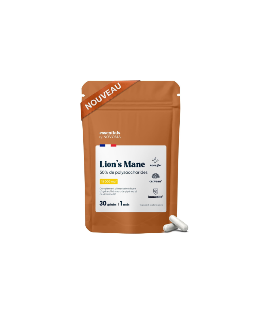 Lions Mane 15 000 mg – Soutien Cérébral & Immunité – 30 Gélules pour 1 Mois – Extrait 30:1 Titré à 50% de Polysaccharides – Champignon Crinière de Lion – Fabriqué en France – Essentials by Novoma