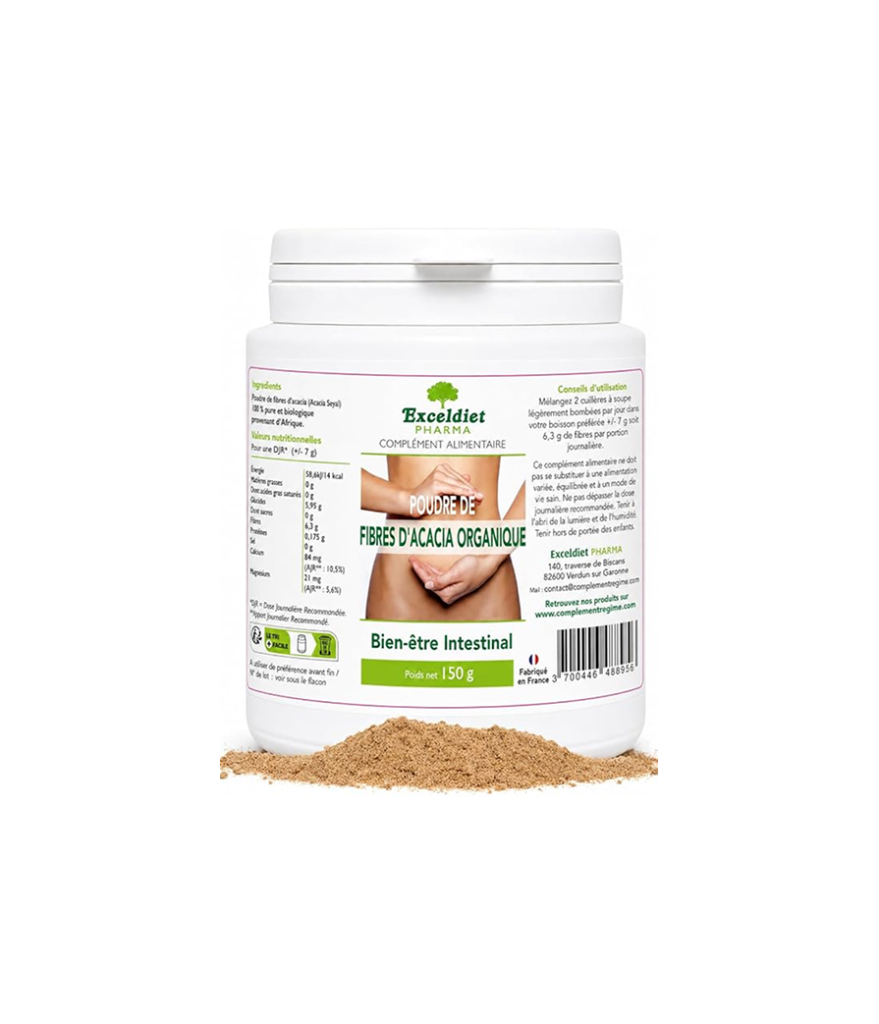 Fibres d’Acacia Organique – 150 g – Prévient la Constipation – Prébiotique Naturel – Transit Intestinal – Propriétés Anti-inflammatoires – Rééquilibre le Microbiote – Végan – Sans Gluten