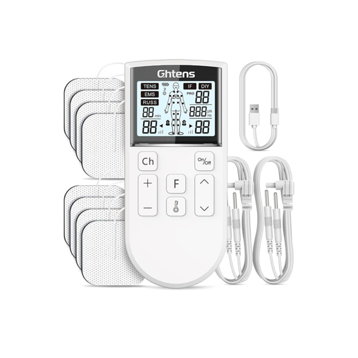 GHTENS Électrostimulateur Musculaire 5 en 1: TENS/EMS/If/Russ/DIY, Appareil de Stimulation Électrique Rechargeable, 80 Programmes, 2 Canaux, 8 Électrodes