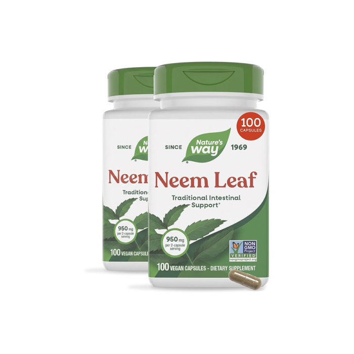 Nature’s Way Neem Leaf Capsules,Traditional Intestinal Support,Used in Ayurveda,950 mg per 2-Capsule Serving,Non-GMO Project Verified,Vegan,(Packaging May Vary),100 Count (Pack of 2)