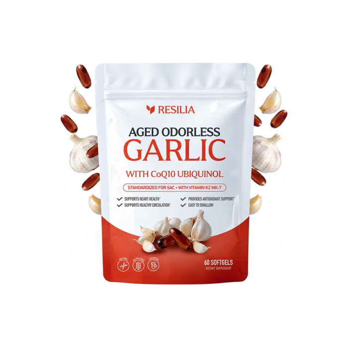 Resilia Odorless Aged Garlic Softgels (60 Count) | 1200mg Aged Garlic Per Serving | with CoQ10 Ubiquinol & Vitamin K2 (MK-7) | Dietary Supplement