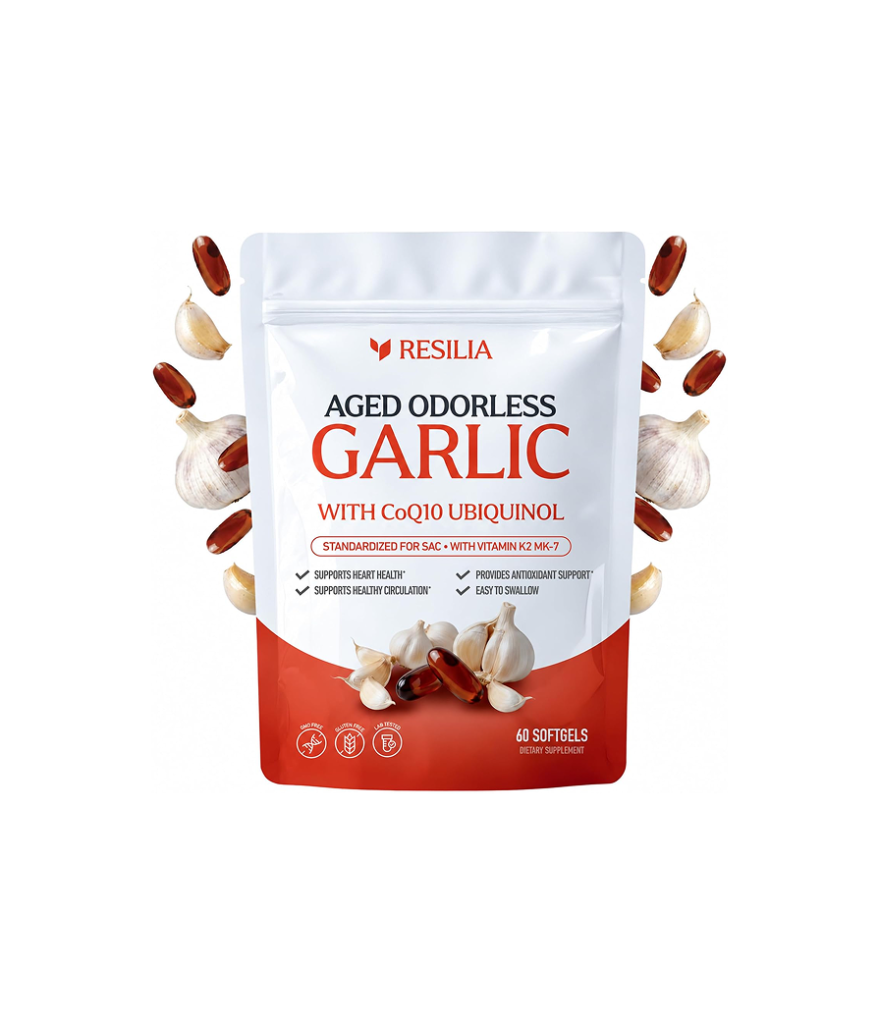 Resilia Odorless Aged Garlic Softgels (60 Count) | 1200mg Aged Garlic Per Serving | with CoQ10 Ubiquinol & Vitamin K2 (MK-7) | Dietary Supplement